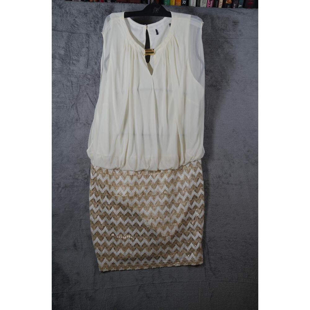 Womens Sleeveless White Gold Chevron Dress Sequin Skirt Blouson Top M‎ Party